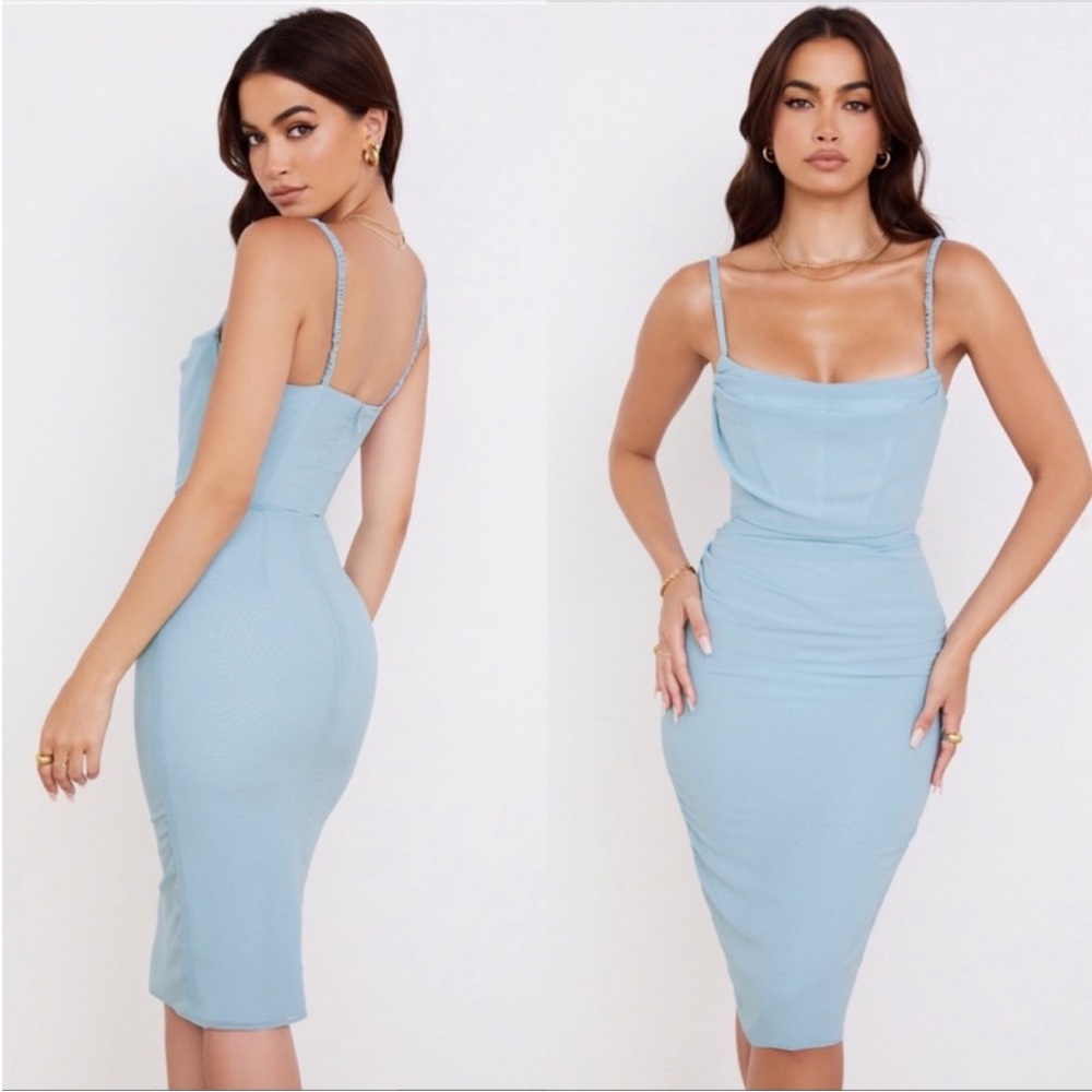House of CB jamille baby blue draped corset dress midi